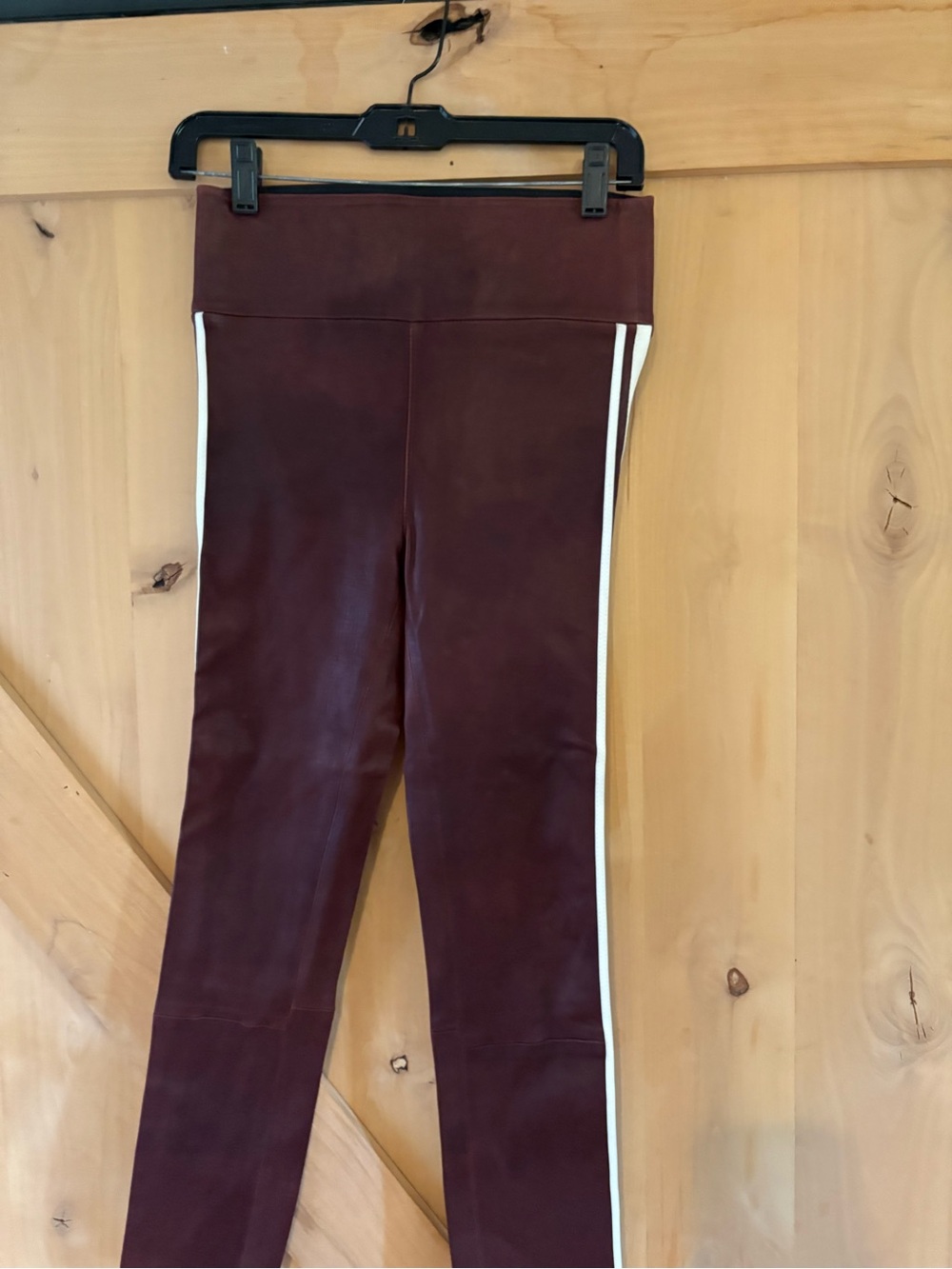 SPRWMN: Leather Burgundy Side-Striped pants